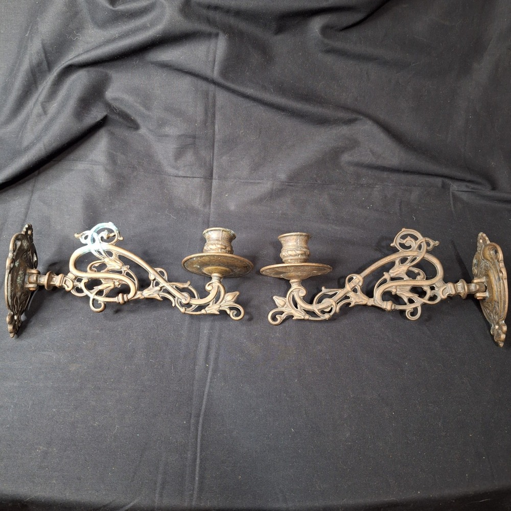 Antique Brass Wall Sconce Candle Holders Pair Ornate Art Nouveau Swivel Arm Cast
